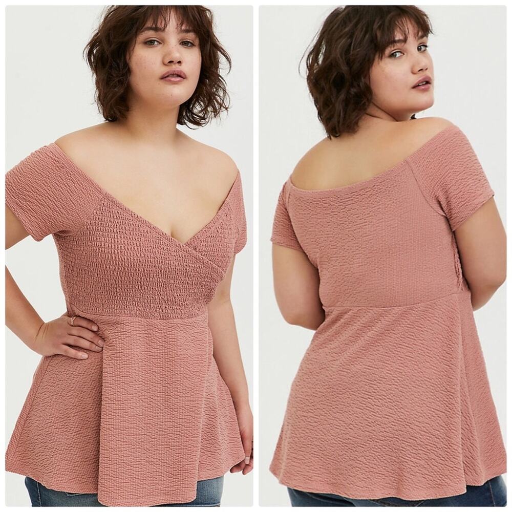 Torrid Women's Textured Smocked Off - the - Shoulder  Dusty pink‎ Babydoll Top